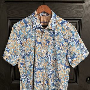 Robert Graham Mens Floral Short Sleeve Button Up Shirt Size L Blue Orange